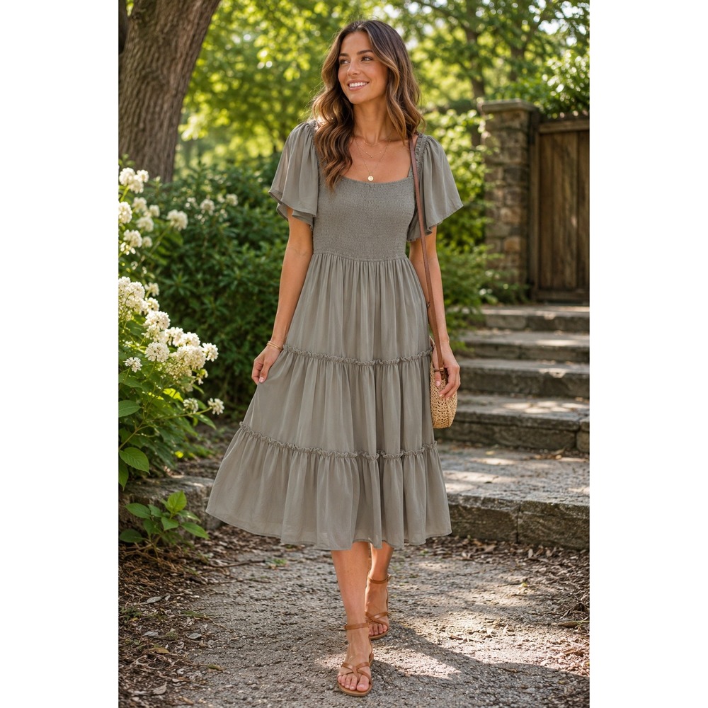 Ivy City Co Smocked Tiered Midi Dress Sage Green Flutter Sleeve Plus Size 1X
